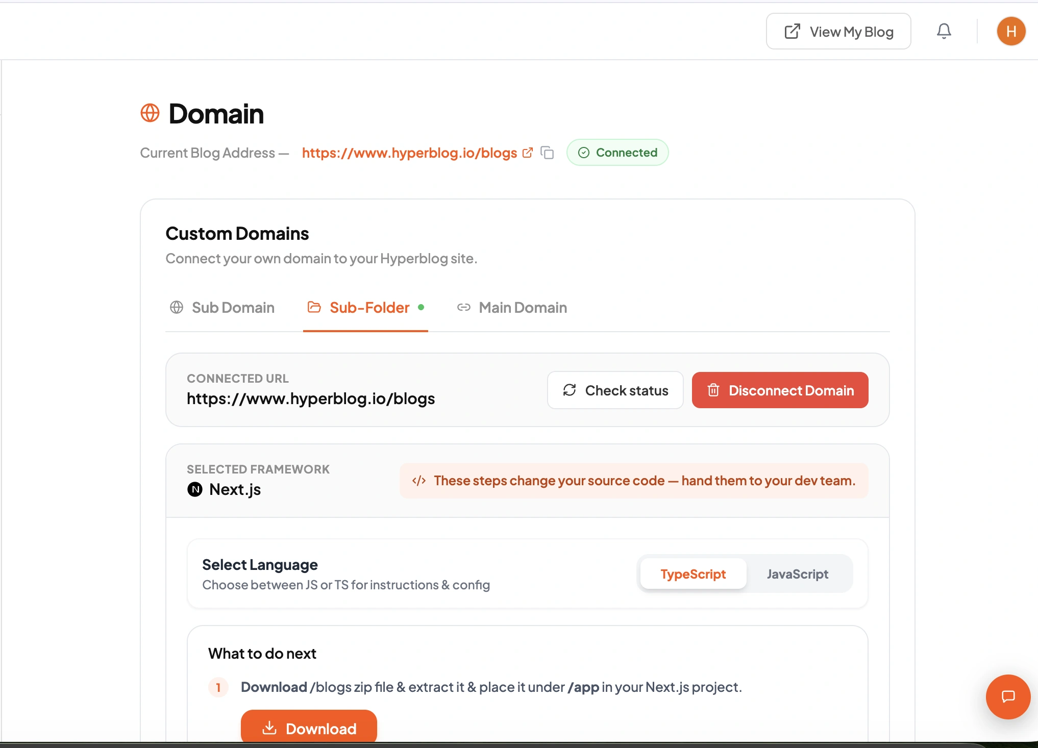 Domain settings showing hyperblog.io/blogs connected with the Sub-Folder option selected